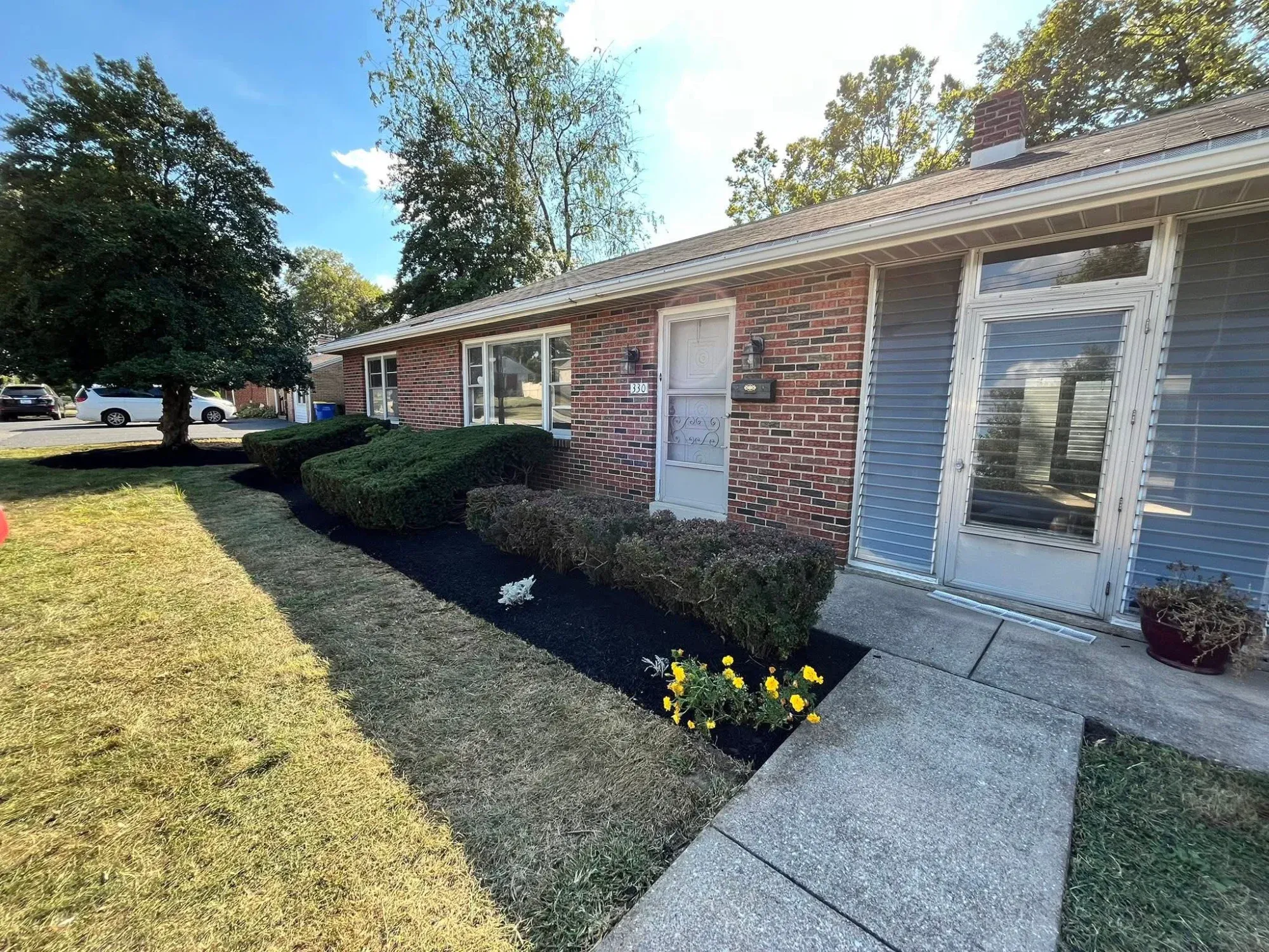 Stone mulch landscaping with boxwood shrubs commercial property
